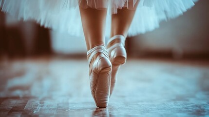 Elegant young ballet dancer in white tutu and pointe shoes practicing gracefully on wooden dance studio floor with soft natural lighting, showcasing flexibility and poise.