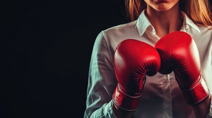 Confident businesswoman in white shirt wearing vibrant red boxing gloves, striking pose against a dark black background, closeup for motivational themes.