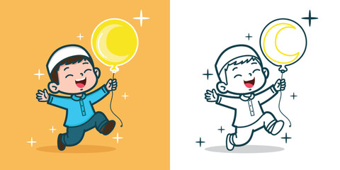A cute little Muslim boy jumping happy with a moonshaped balloon for Ramadhan design element