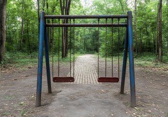 Rustic Swing Set in a Forest Path