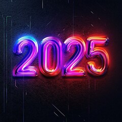 Neon sign glowing with the date of the new year 2025 on a textured wall
