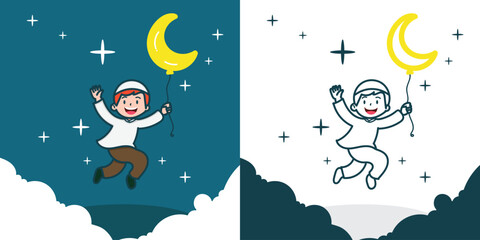 A cute little Muslim boy jumping happy with a moonshaped balloon for Ramadhan design element