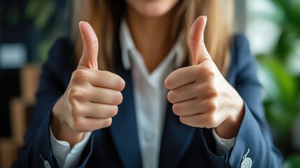 Confident young businesswoman in dark suit showing thumbs up gesture with both hands against a bright office background with greenery.