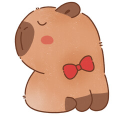 Cute capybara animal with red bow, smiling softly and looking content
