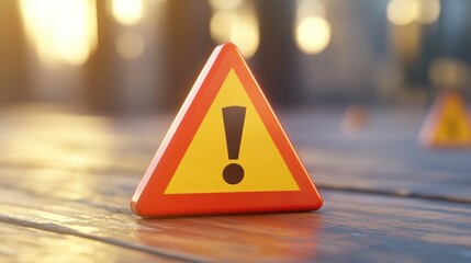 Triangular Caution Sign with Exclamation Mark in Bright Yellow and Red on Natural Wooden Surface with Soft Glowing Background