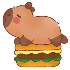 Cute capybara animal resting on colorful burger, showcasing playful design