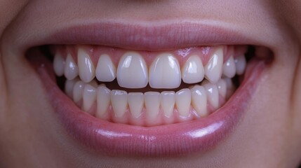 Fototapeta premium Close-up of smiling woman with healthy white teeth wearing orthodontic silicone trainer for dental correction and smile enhancement in bright lighting.