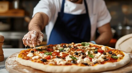 Closeup of male chef in blue apron sprinkling cheese on freshly topped pizza dough in modern kitchen with vibrant ingredients and warm lighting.