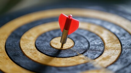 Close-up of a red dart hitting the center of a black and golden dartboard symbolizing successful strategy planning and goal achievement