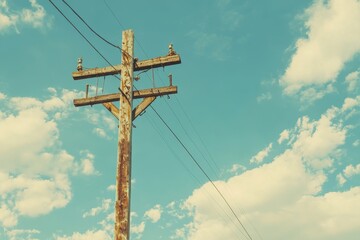 Obraz premium Rustic wooden power pole against a bright, blue sky with fluffy clouds. Perfect for projects about energy, nature, or rural landscapes.
