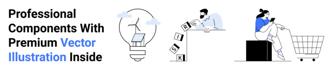 Light bulb with solar panel and wind turbine, person analyzing RISK, woman using a laptop in a shopping cart. Ideal for sustainability, decision-making, e-commerce, innovation, strategy, digital