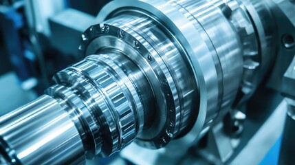 Fototapeta premium Precision close-up of modern industrial machine components in blue-toned factory setting with experienced engineers conducting maintenance and inspection.