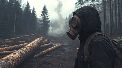 Fototapeta premium Somber figure in gas mask stands amidst a misty, deforested landscape with fallen trees and smoky background, evoking environmental concern and isolation.
