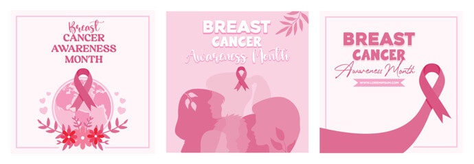Breast Cancer Awareness Month posters with pink ribbons and inspirational designs.