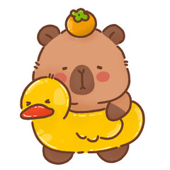 Cute capybara with duck floatie and fruit on its head