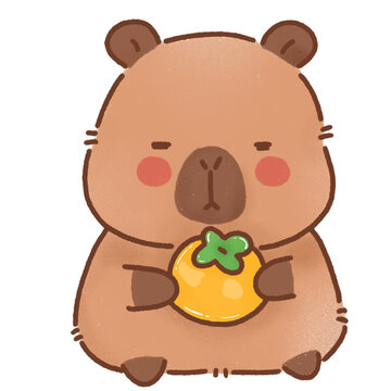 Cute capybara holding orange, with calm expression and rosy cheeks