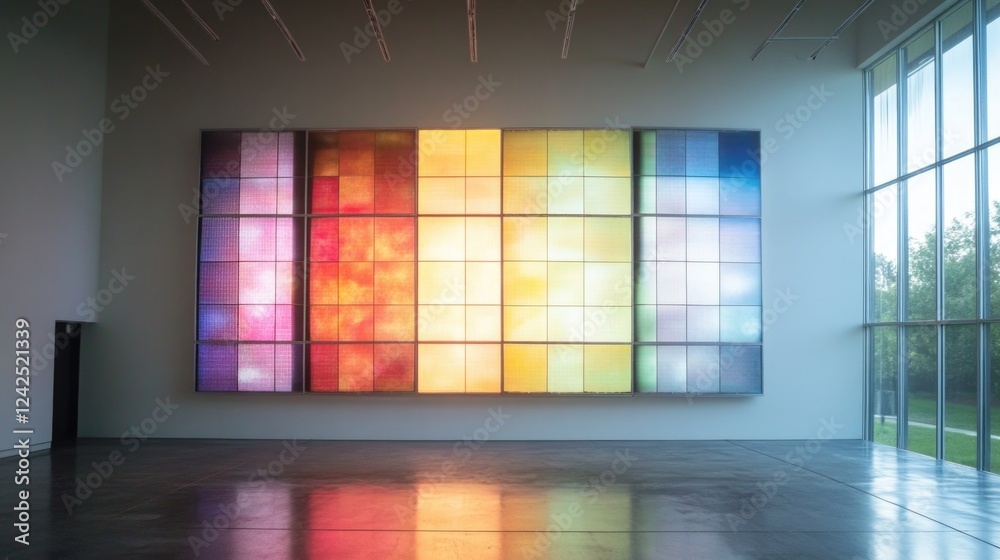 Poster installation of vibrant semitransparent solar modules showcasing colorful patterns in a modern galle