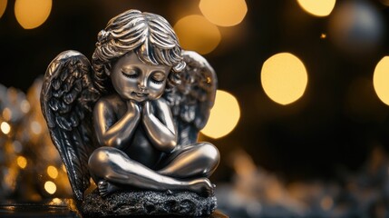 Obraz premium Silver Christmas Angel Figurine with Delicate Wings Surrounded by Bokeh Lights in Warm Tones Captured in a Studio Setting for Holiday Decor