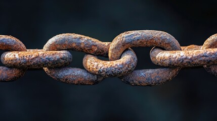 Rusty Metal Chain Links Symbolizing Connection and Interconnection Against a Dark Background