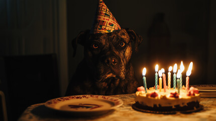 Brindle Boxer Dog Celebrating Birthday with Cake and Table Setting