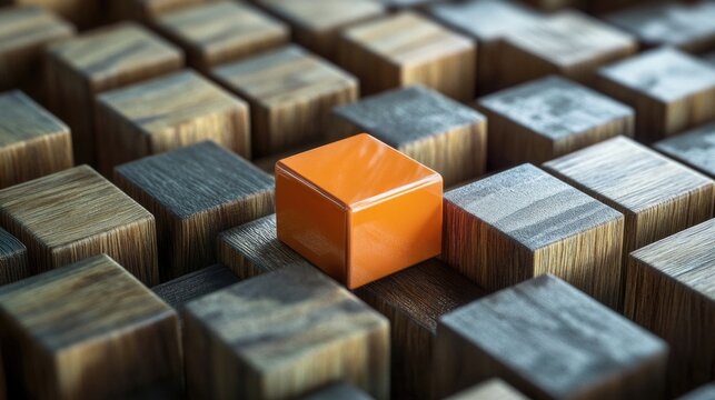 Innovative ERP software concept with vibrant orange cube among wooden blocks symbolizing strategic business planning and marketing solutions