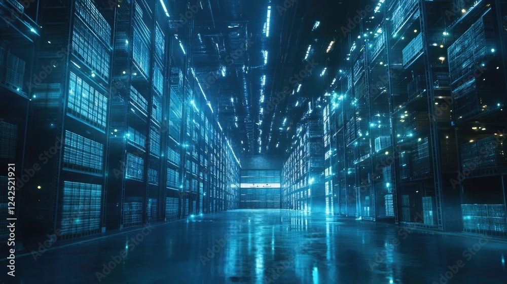 Poster futuristic data center with blue neon lights and loading progress bar on display in a dark server ro