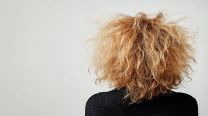 Young woman with vibrant fluffy blond curly hair showcasing hair care and healthy hair concept against a soft white background.