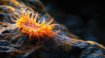 Vibrant orange sea anemone gracefully perched upon textured rock surface in tranquil marine environment of Elk Mendocino California USA