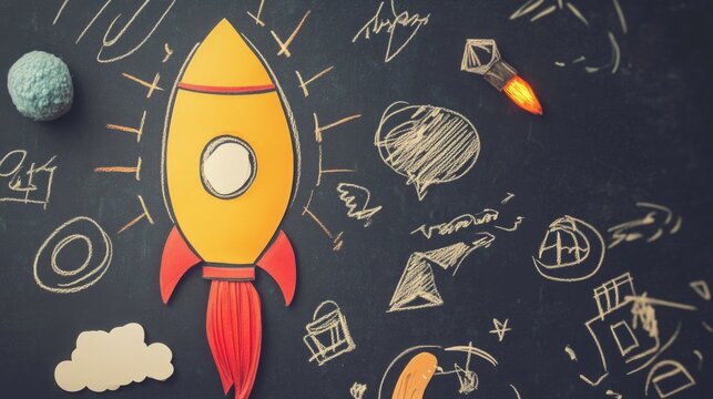 Creative Business Strategy Concept Featuring Yellow Rocket Illustration on Black Chalkboard Surface with Doodles and Symbols of Innovation