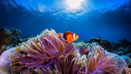 Coral reef with fish. Clownfish swimming in anemones.