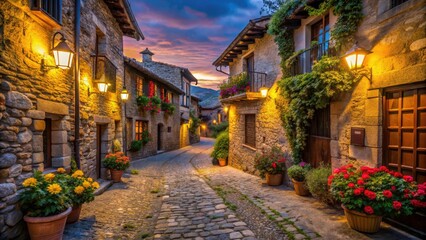 Fototapeta premium Enigmatic Low Light Photography of Medieval Streets in Patones de Arriba: Discover the Charm of Historic Architecture and Serene Nightscapes