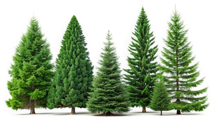 Obraz premium Evergreen Trees Collection on White Background - Perfect for Nature Lovers and Landscaping Designs, Showcasing Pine, Spruce, Cedar, and Fir in Various Shapes and Sizes