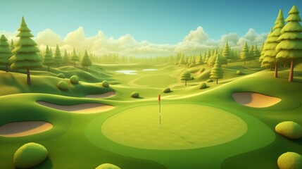 3D isometric beautiful golf course with vibrant green fairway, flag positioned on the side, golden hour light and tranquil sky with trees in the background