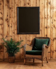 Rustic Wooden Wall with Dark Framed Poster, Wicker Armchair, and Potted Plant
