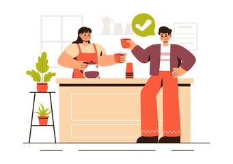 Coffee Tasting Vector Illustration featuring People Enjoying Specialty Coffee with Cups and a Kettle in a Cafe or Restaurant in a Flat Background