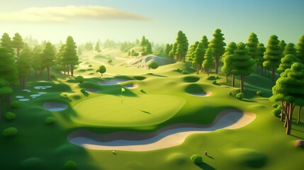 3D isometric beautiful golf course with vibrant green fairway, flag positioned on the side, golden hour light and tranquil sky with trees in the background