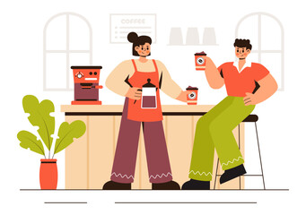 Coffee Tasting Vector Illustration featuring People Enjoying Specialty Coffee with Cups and a Kettle in a Cafe or Restaurant in a Flat Background