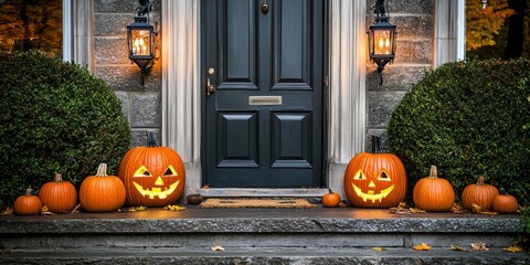 Obraz premium Lanterns and Pumpkins: A Country House Halloween Display 