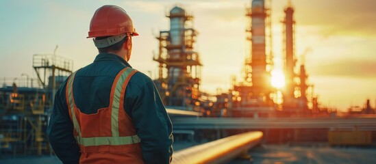 Industrial setting with a focus on pipeline and engineer's perspective.