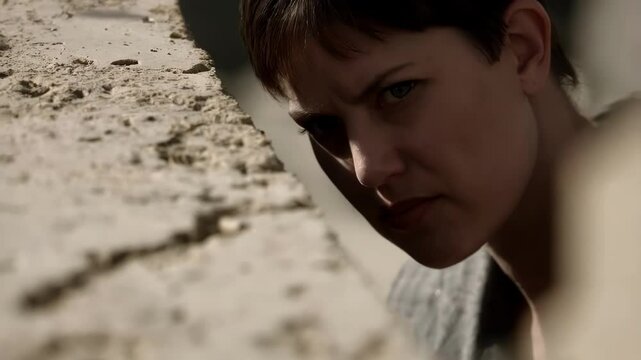 Serious woman with short hair standing behind wall, gripping machete with intense gaze and tense posture, embodying potential threat and readiness for confrontation