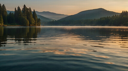 Obraz premium serene lake sunrise with ripple effect Smooth tree in a mountain sunset backround,