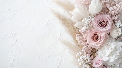 Fototapeta premium Pastel roses, pampas grass, white background