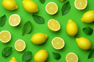 Seamless Pattern Featuring Lemons on a Green Background