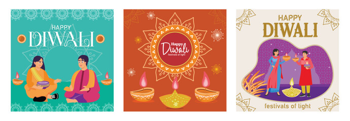 Happy Diwali card designs depicting festival celebrations, lights, and Indian culture.