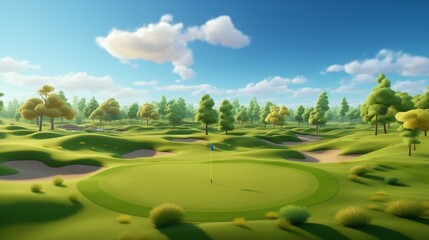 3D isometric beautiful golf course with green fairway and flag on the side, golden hour lighting, beautiful sky and trees in the background