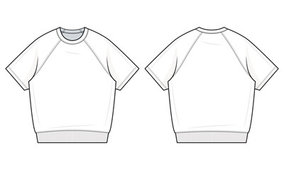Raglan Short-Sleeve Sweatshirt Technical Fashion Illustration. Relaxed-Fit Pullover tee Vector Template. Front and back view. Casual Athleisurewear. Unisex style. White. CAD Mockup Set.