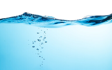 Air Bubbles Float Up Under Water.  Water Wave. Water Splashing. Oxygen Relaxation. Blue Water Textured on White Background.	
