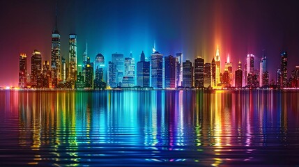 Fototapeta premium Vibrant Nightscape A Rainbow-hued City Skyline Reflected in Calm Waters