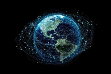 Global network connections visualized on Earth. Illustrates worldwide communication, data transfer, and interconnectedness.