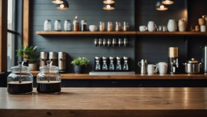 A clean, minimalist wooden tabletop in the foreground, with a softly blurred backdrop featuring a coffee shop